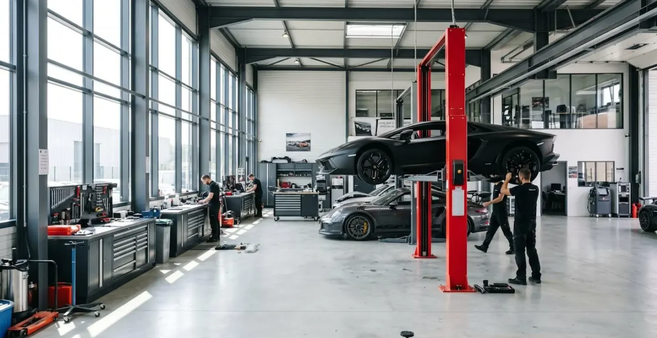 Vue large d'un atelier mécanique moderne spécialisé supercars, éclairé par de grandes baies vitrées, avec pont élévateur et établis équipés