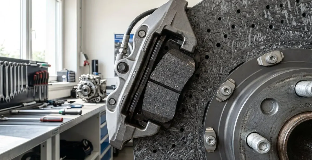 Gros plan détaillé sur la texture d'un disque de frein carbone-céramique gris avec plaquettes montées, arrière-plan d'atelier flouté