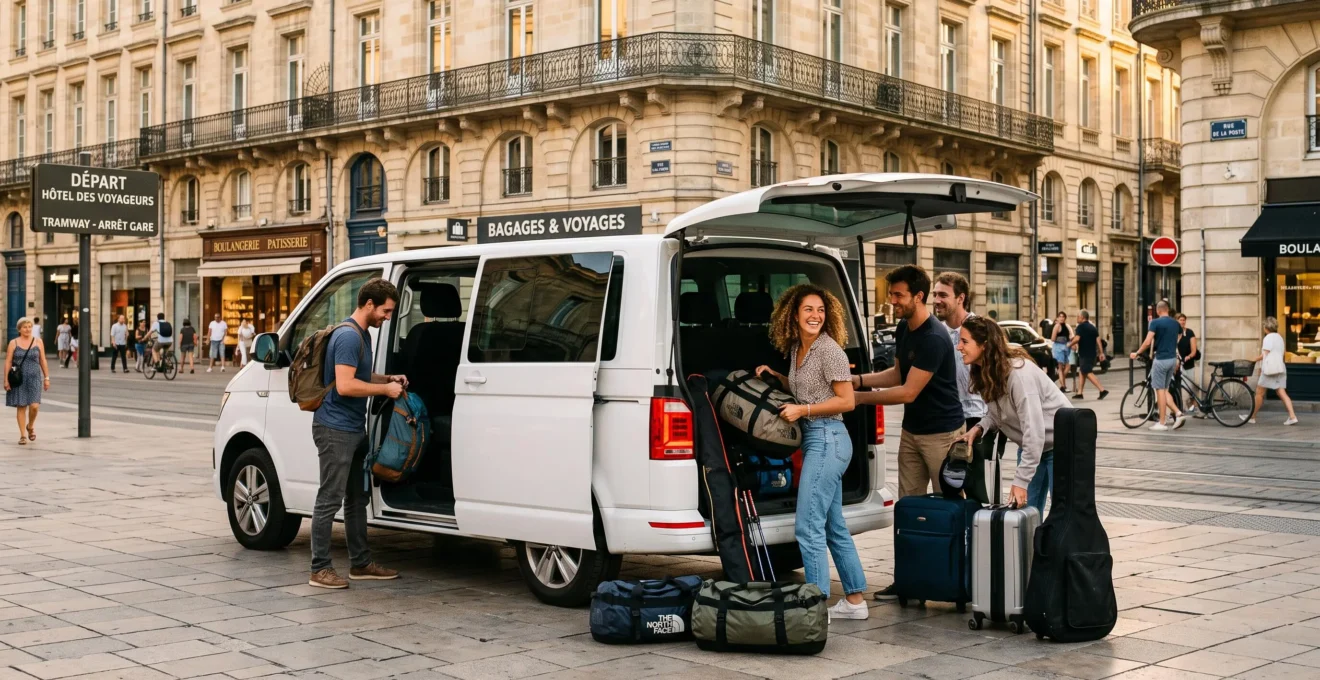 Groupe de voyageurs chargeant bagages et équipements dans un minibus blanc moderne devant un bâtiment urbain français
