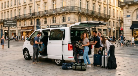 Groupe de voyageurs chargeant bagages et équipements dans un minibus blanc moderne devant un bâtiment urbain français