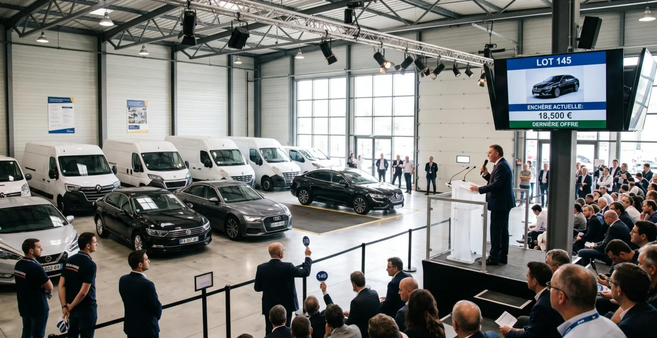 Salle d'enchères automobile moderne avec véhicules utilitaires et berlines exposés, écrans numériques et commissaire-priseur en activité