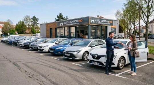 Un agent remet les clés d'un véhicule de location à un client devant l'agence.