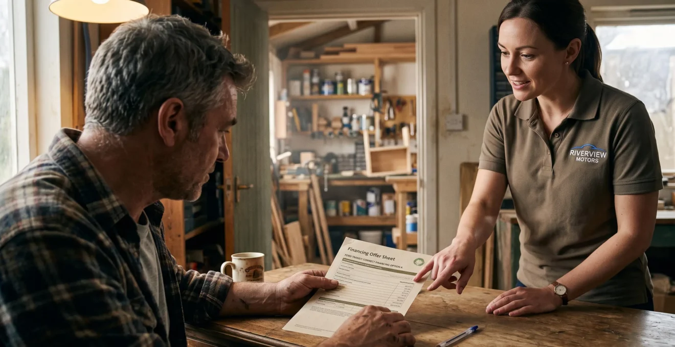 Un artisan examine une proposition de financement avec un conseiller dans un bureau d'atelier.