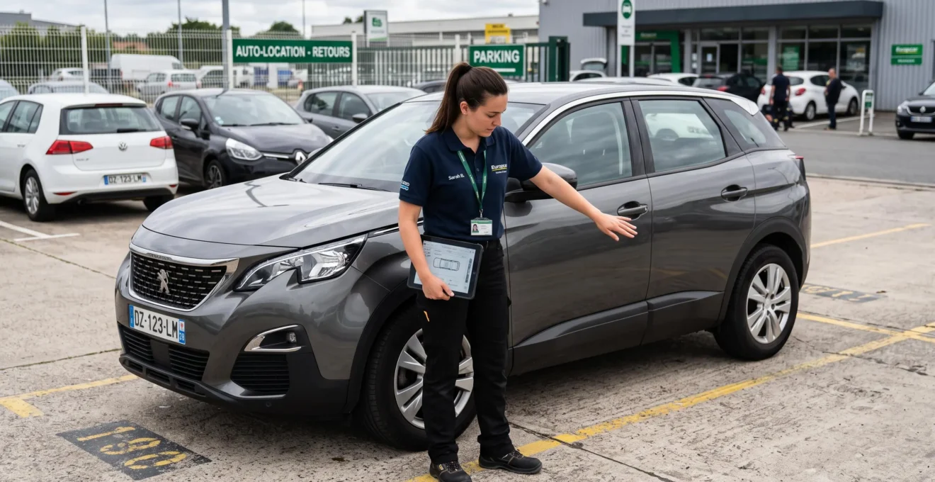 Une employée inspecte la carrosserie d'un véhicule de location lors d'un contrôle de retour.