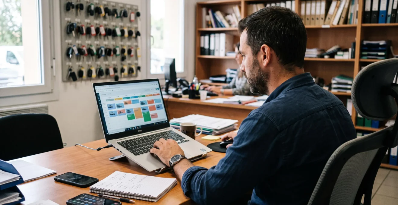 Un gérant consulte le planning des réservations sur son ordinateur au bureau.