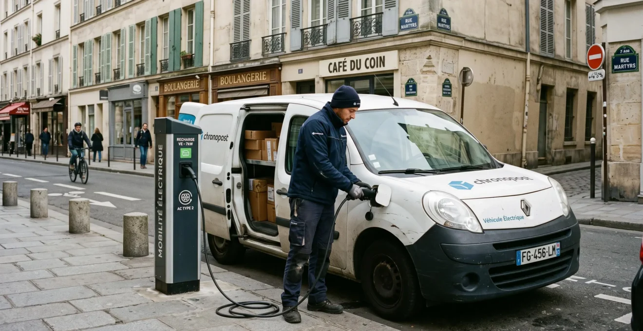 Un livreur branche un utilitaire électrique sur une borne de recharge dans une rue française.