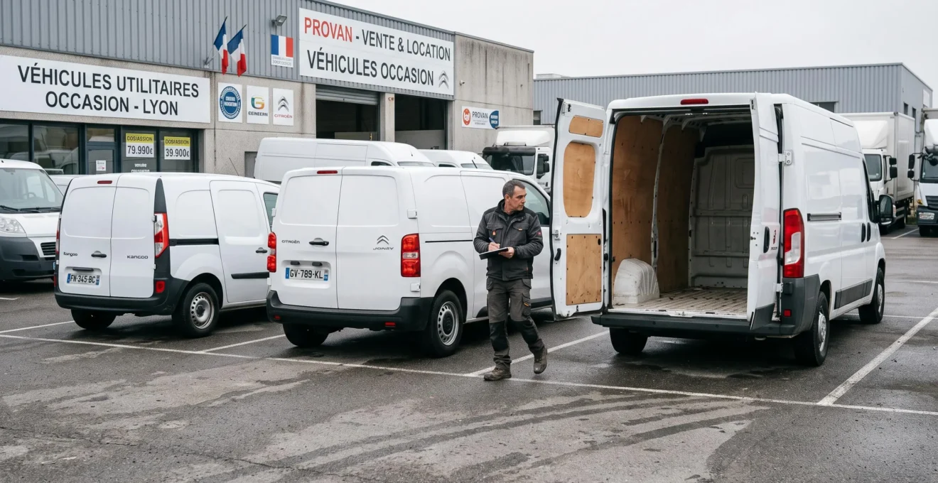 Trois utilitaires de tailles différentes alignés dans une cour de concession, un artisan les compare.